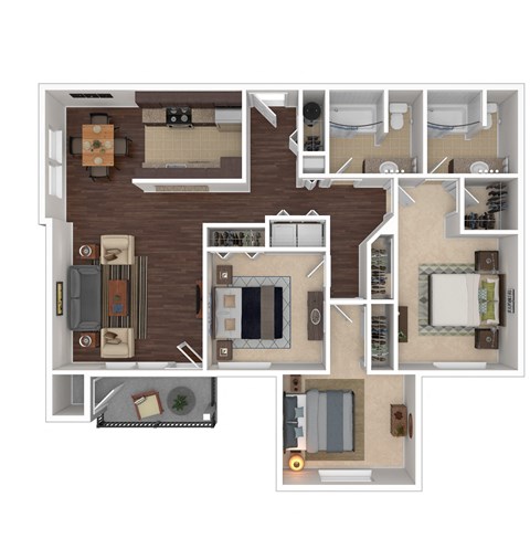 Floor plan for 3 beds, 2 baths, 1100 sqft
